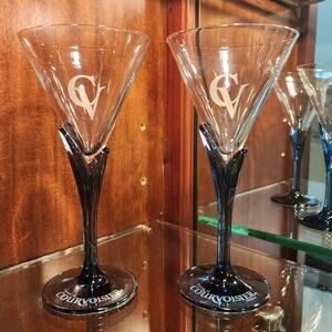2 Courvoisier Luigi Bormioli Cognac Etched Martini Glasses Blue Stem Made Italy